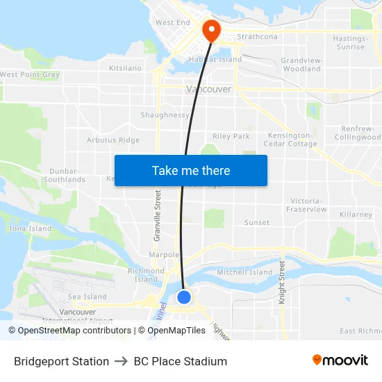 Bridgeport Station to BC Place Stadium map