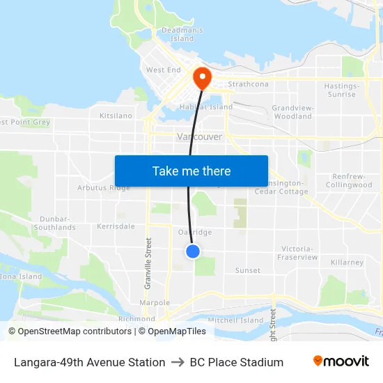 Langara-49th Avenue Station to BC Place Stadium map