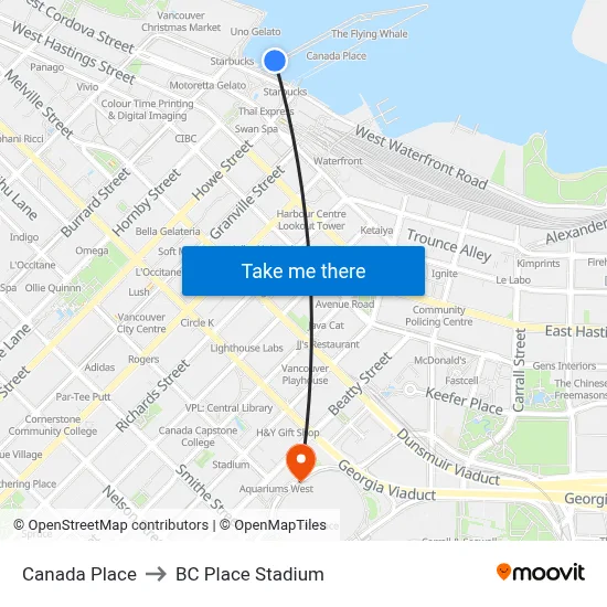 Canada Place to BC Place Stadium map