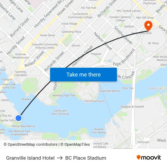 Granville Island Hotel to BC Place Stadium map