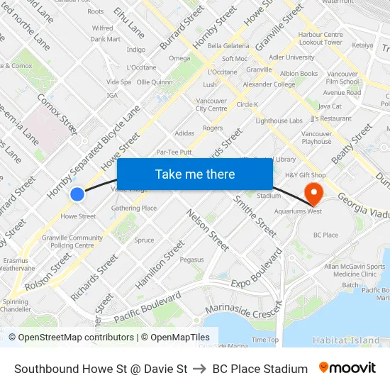 Southbound Howe St @ Davie St to BC Place Stadium map