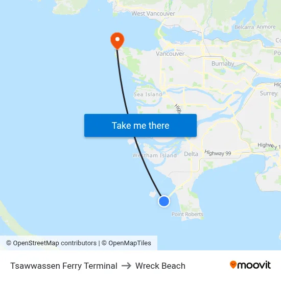 Tsawwassen Ferry Terminal to Wreck Beach map
