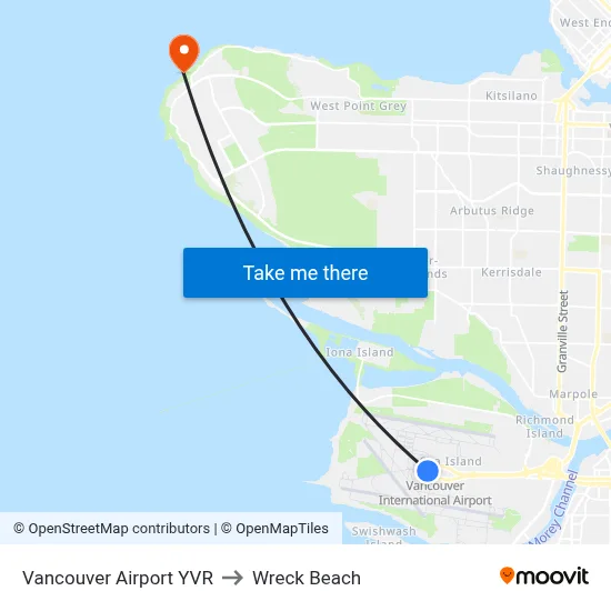 Vancouver Airport YVR to Wreck Beach map