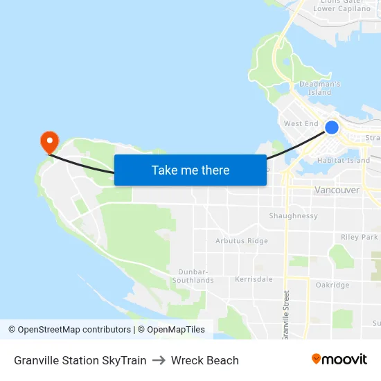 Granville Station SkyTrain to Wreck Beach map