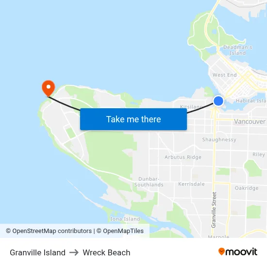Granville Island to Wreck Beach map