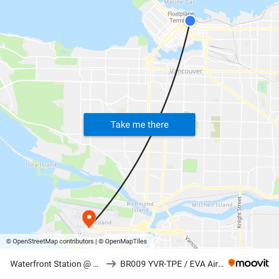 Waterfront Station @ Bay 3 to BR009 YVR-TPE / EVA Airways map