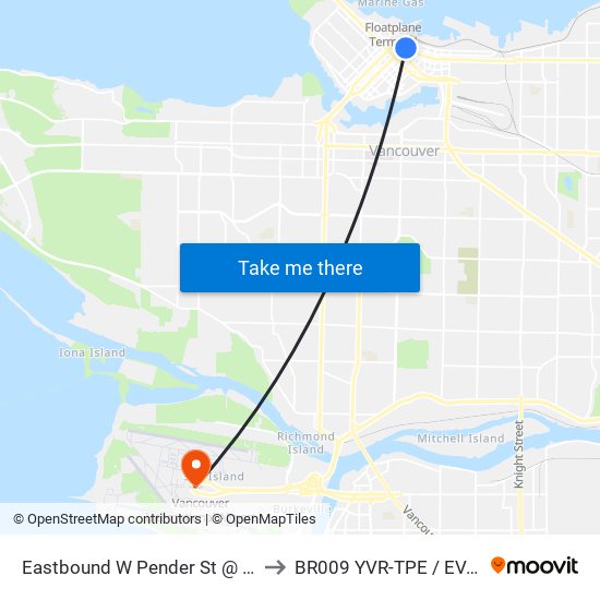 Eastbound W Pender St @ Seymour St to BR009 YVR-TPE / EVA Airways map