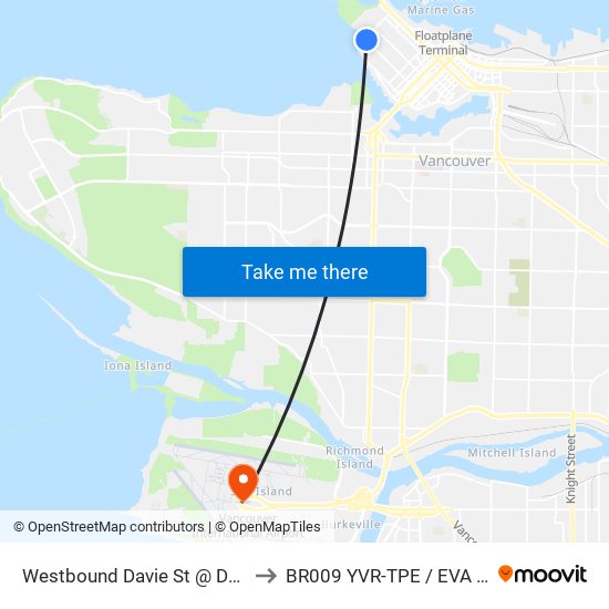 Westbound Davie St @ Denman St to BR009 YVR-TPE / EVA Airways map