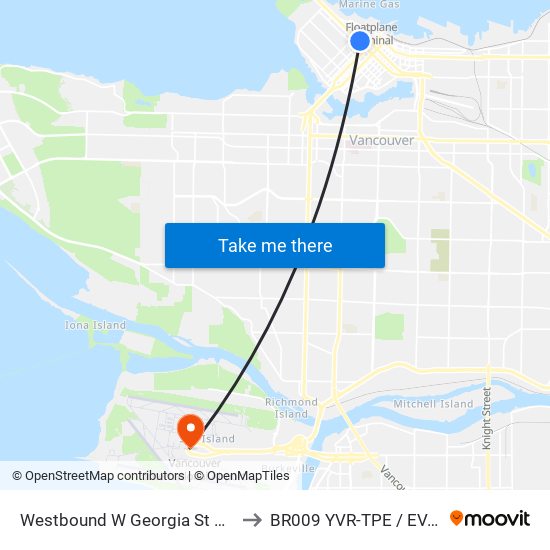 Westbound W Georgia St @ Burrard St to BR009 YVR-TPE / EVA Airways map