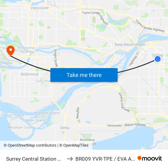 Surrey Central Station @ Bay 4 to BR009 YVR-TPE / EVA Airways map