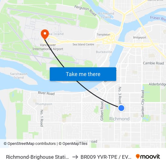 Richmond-Brighouse Station @ Bay 3 to BR009 YVR-TPE / EVA Airways map