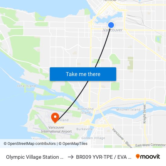 Olympic Village Station @ Bay 1 to BR009 YVR-TPE / EVA Airways map