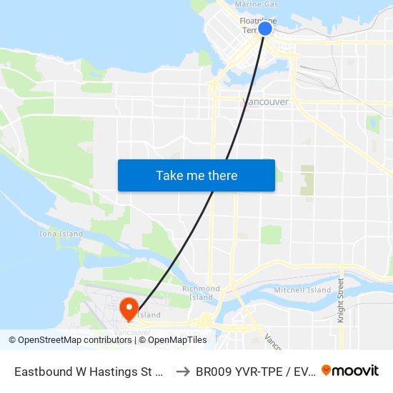 Eastbound W Hastings St @ Granville St to BR009 YVR-TPE / EVA Airways map