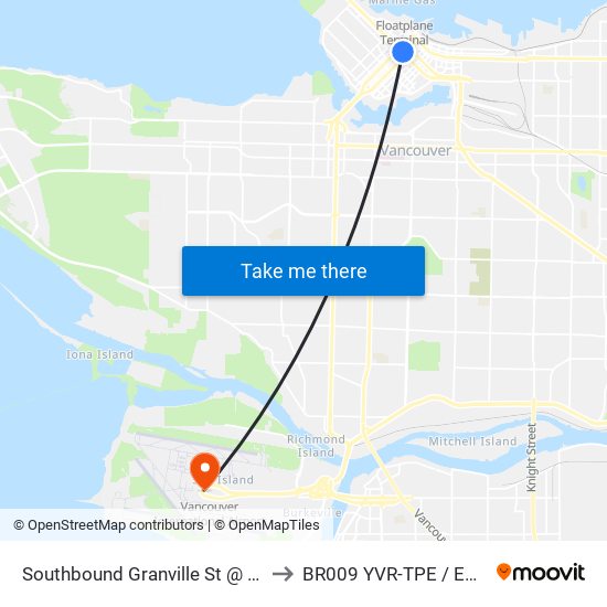 Southbound Granville St @ W Georgia St to BR009 YVR-TPE / EVA Airways map