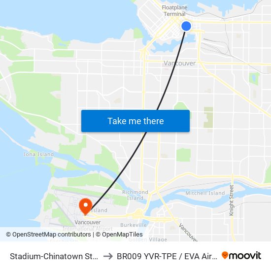 Stadium-Chinatown Station to BR009 YVR-TPE / EVA Airways map