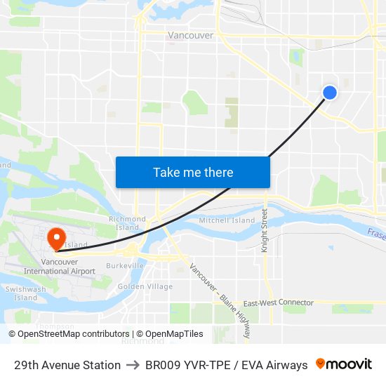 29th Avenue Station to BR009 YVR-TPE / EVA Airways map