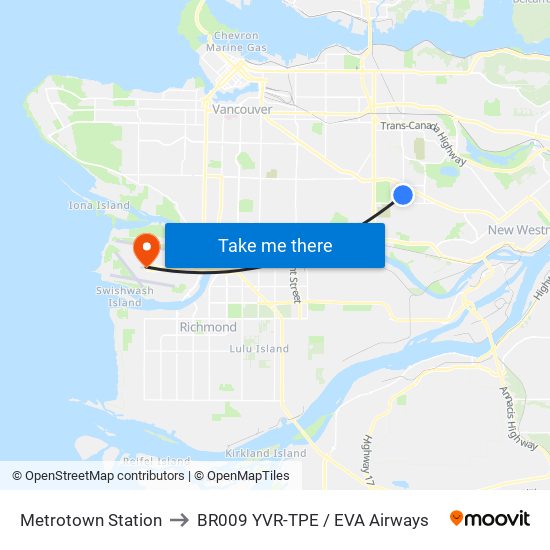 Metrotown Station to BR009 YVR-TPE / EVA Airways map