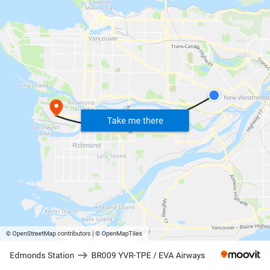 Edmonds Station to BR009 YVR-TPE / EVA Airways map