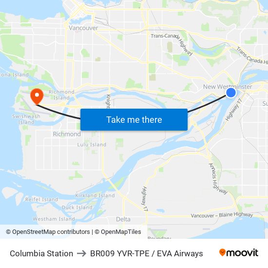 Columbia Station to BR009 YVR-TPE / EVA Airways map