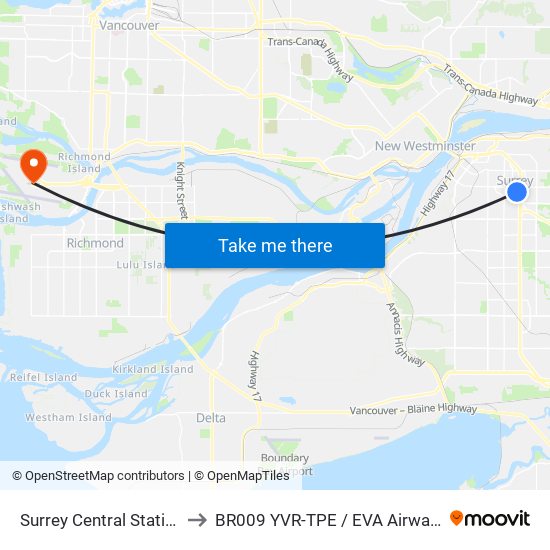 Surrey Central Station to BR009 YVR-TPE / EVA Airways map