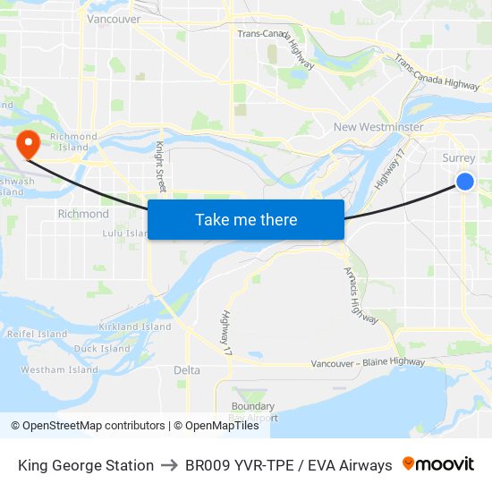 King George Station to BR009 YVR-TPE / EVA Airways map