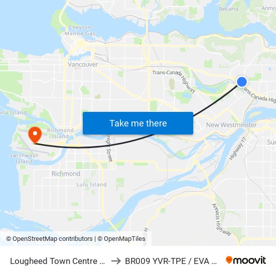 Lougheed Town Centre Station to BR009 YVR-TPE / EVA Airways map