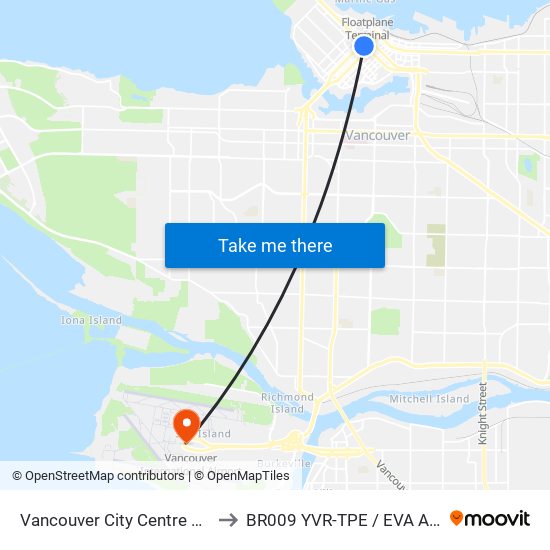 Vancouver City Centre Station to BR009 YVR-TPE / EVA Airways map