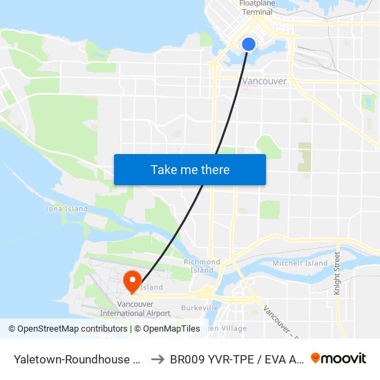 Yaletown-Roundhouse Station to BR009 YVR-TPE / EVA Airways map