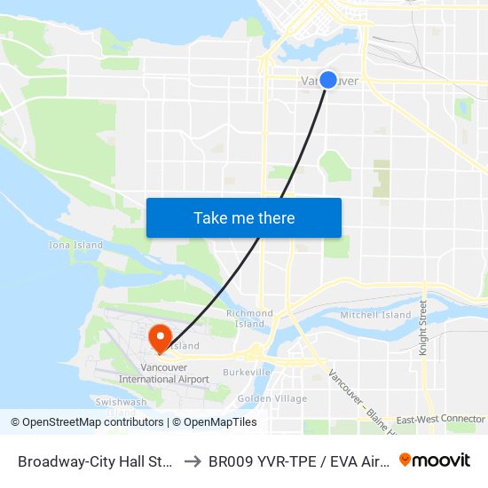 Broadway-City Hall Station to BR009 YVR-TPE / EVA Airways map