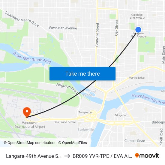 Langara-49th Avenue Station to BR009 YVR-TPE / EVA Airways map
