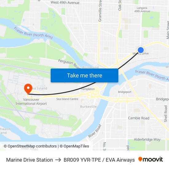 Marine Drive Station to BR009 YVR-TPE / EVA Airways map