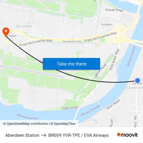 Aberdeen Station to BR009 YVR-TPE / EVA Airways map