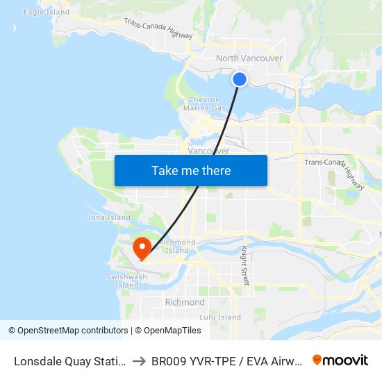 Lonsdale Quay Station to BR009 YVR-TPE / EVA Airways map