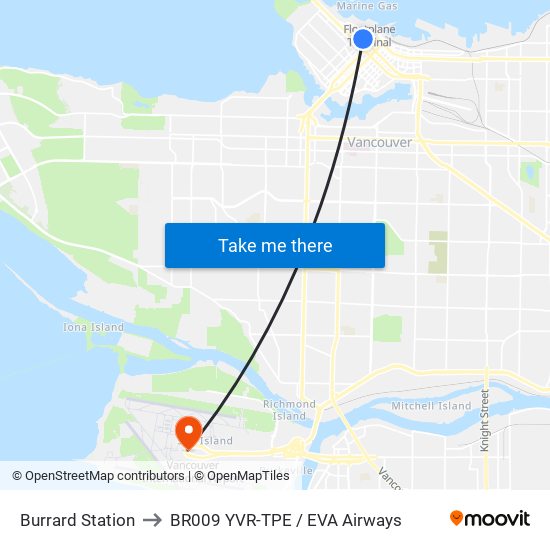 Burrard Station to BR009 YVR-TPE / EVA Airways map