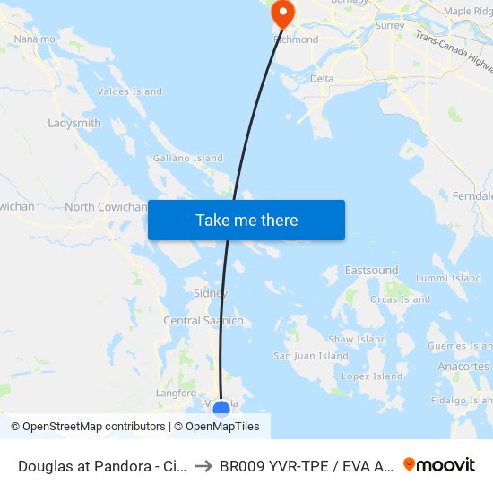 Douglas at Pandora - City Hall to BR009 YVR-TPE / EVA Airways map