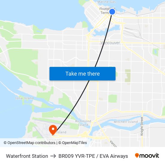 Waterfront Station to BR009 YVR-TPE / EVA Airways map