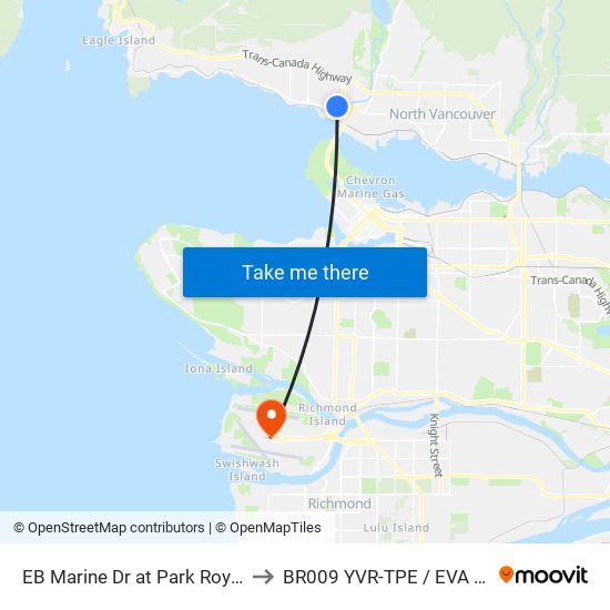 EB Marine Dr at Park Royal South to BR009 YVR-TPE / EVA Airways map