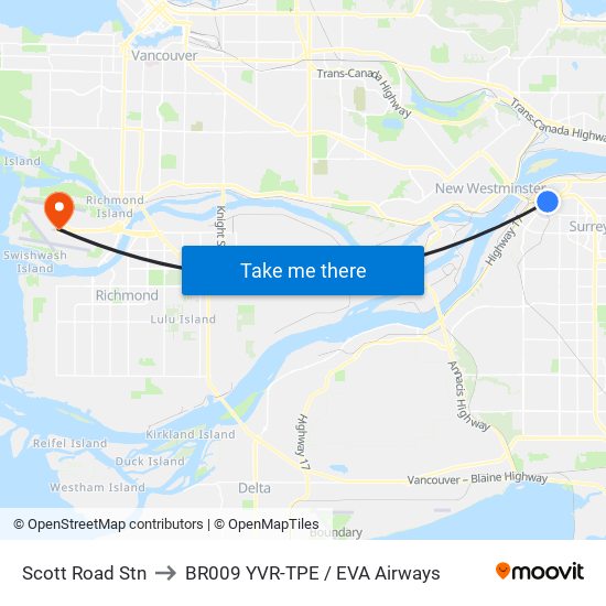 Scott Road Stn to BR009 YVR-TPE / EVA Airways map