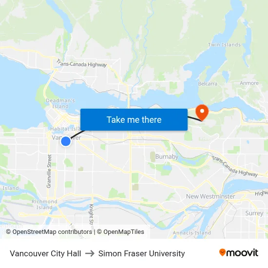 Vancouver City Hall to Simon Fraser University map