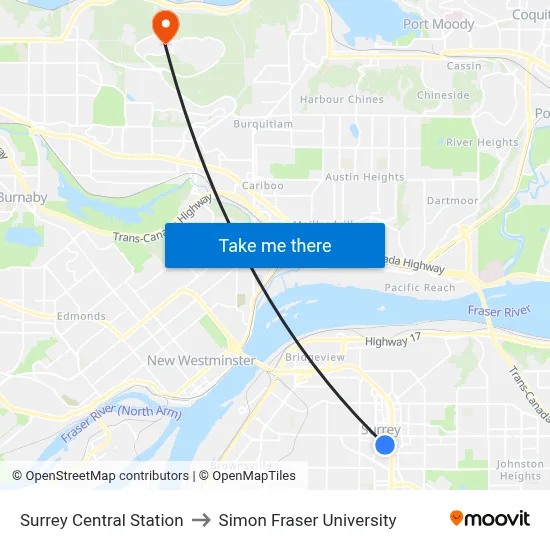 Surrey Central Station to Simon Fraser University map