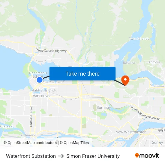 Waterfront Substation to Simon Fraser University map