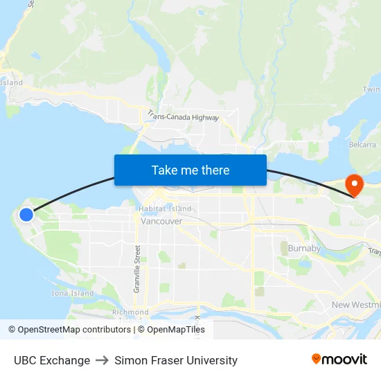 UBC Exchange to Simon Fraser University map