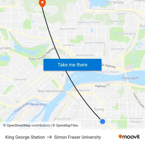 King George Station to Simon Fraser University map