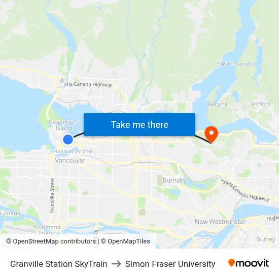 Granville Station SkyTrain to Simon Fraser University map