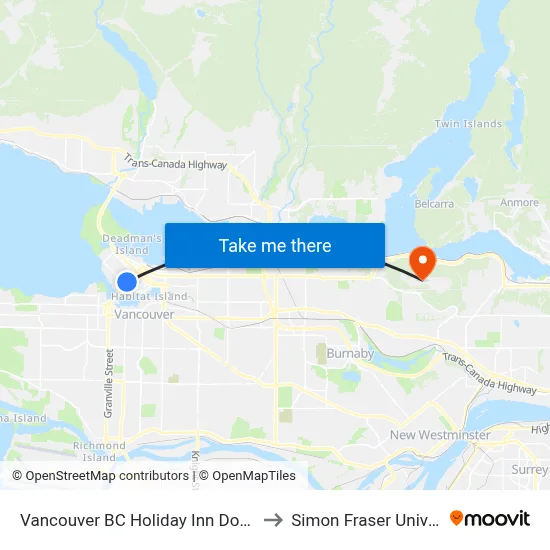 Vancouver BC Holiday Inn Downtown to Simon Fraser University map