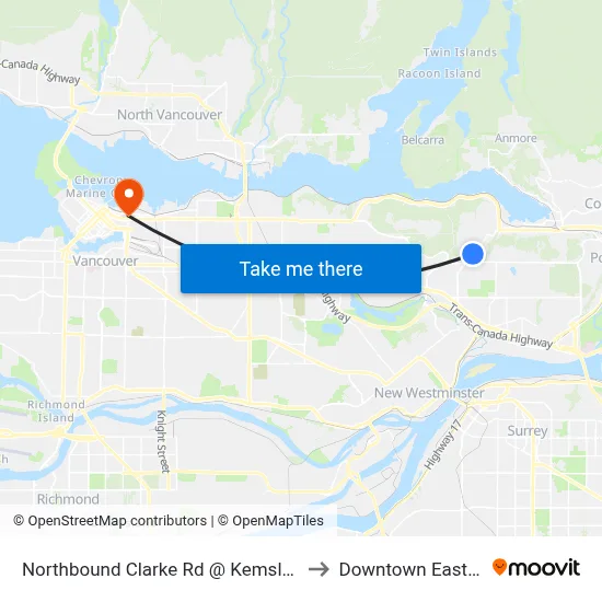 Northbound Clarke Rd @ Kemsley Ave to Downtown Eastside map