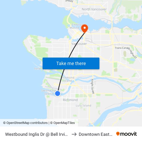 Westbound Inglis Dr @ Bell Irving Rd to Downtown Eastside map