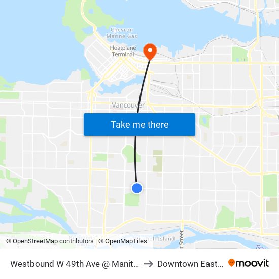 Westbound W 49th Ave @ Manitoba St to Downtown Eastside map