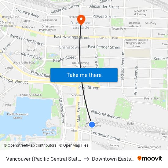 Vancouver (Pacific Central Station) to Downtown Eastside map