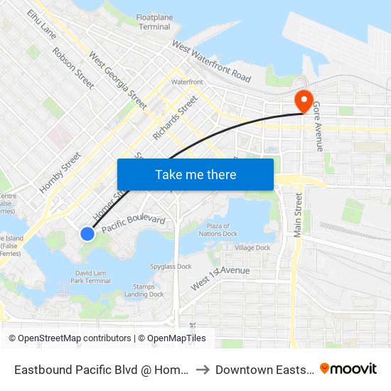 Eastbound Pacific Blvd @ Homer St to Downtown Eastside map